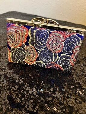 Floral Metallic Rose Coin Mini Clutch  - Navy, Gold & Coral